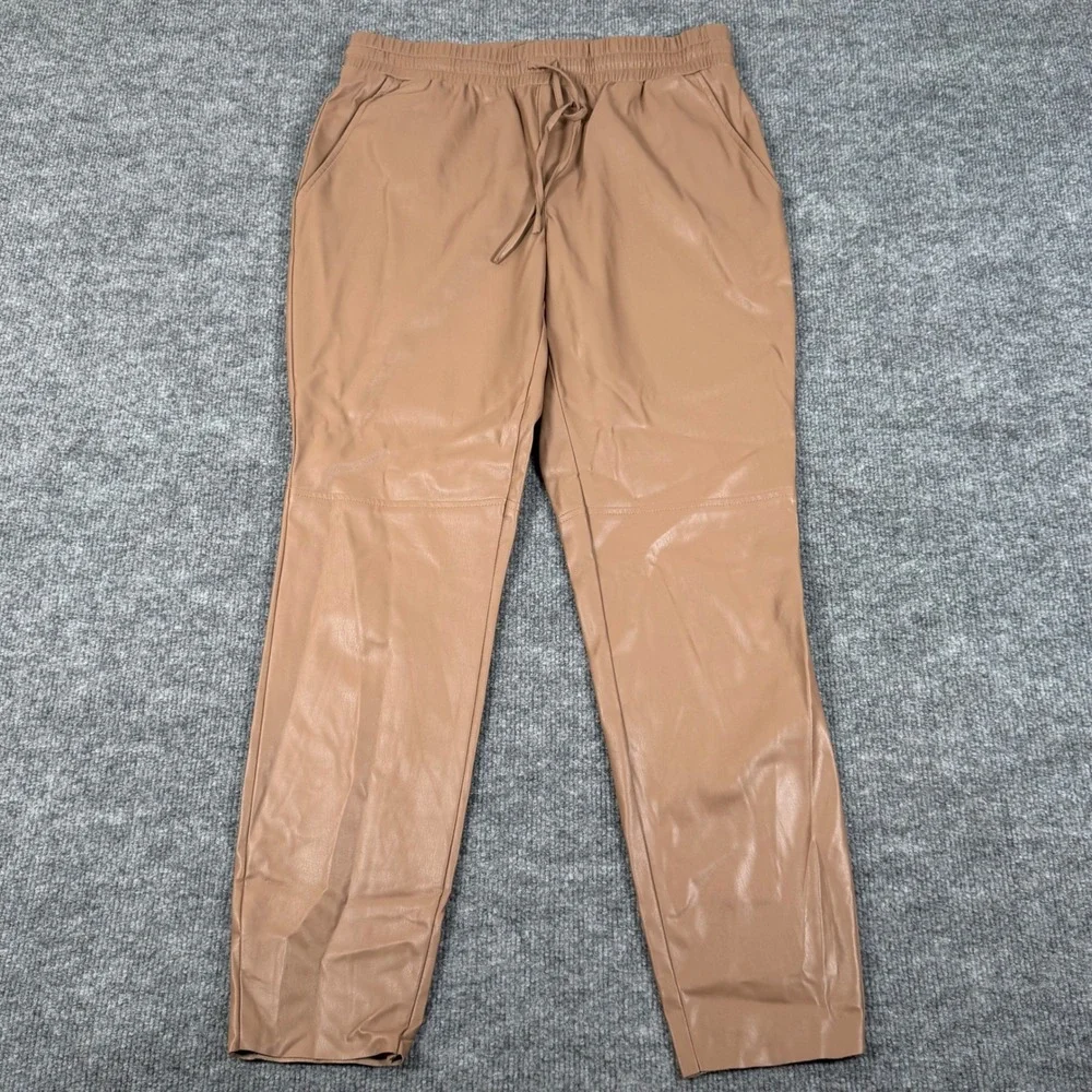 Pull‎ On Chic Faux Vegan Leather Jogger Pants Small Taupe Drawstring Waist Fall